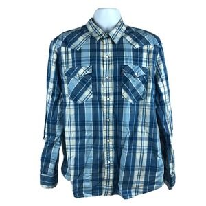 Levis Modern Pearl Snap Shirt Size XXL Blue Plaid Short Sleeve Western Cowboy